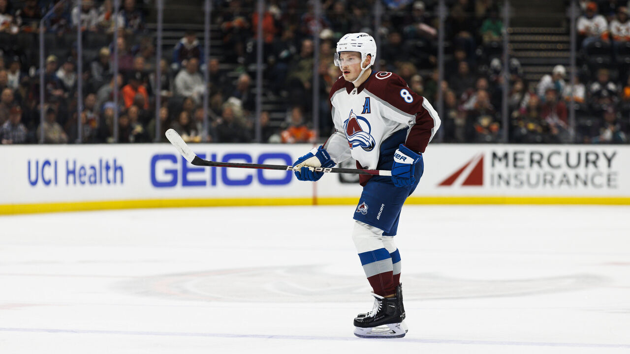 ANAHEIM, CA - MARCH 27: Colorado Avalanche defenseman Cale Makar (8) skates during an NHL hockey game between the Colorado Avalanche and the Anaheim Ducks on March 27, 2023 at the Honda Center in Anaheim, CA.