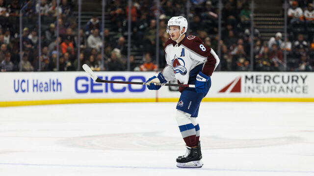 ANAHEIM, CA - MARCH 27: Colorado Avalanche defenseman Cale Makar (8) skates during an NHL hockey game between the Colorado Avalanche and the Anaheim Ducks on March 27, 2023 at the Honda Center in Anaheim, CA.