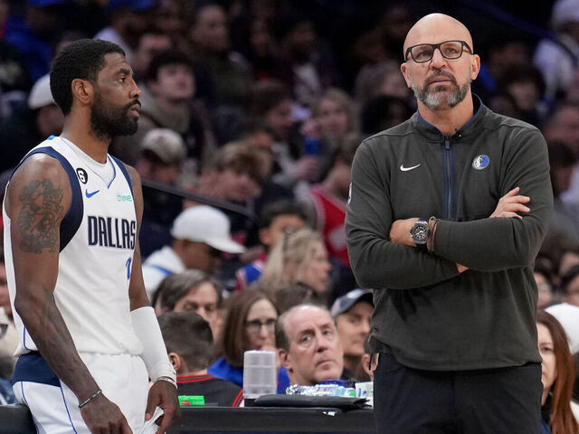 PHILADELPHIA, PA - MARCH 29: Kyrie Irving #2 of the Dallas Mavericks talks with Head Coach Jason Kidd of the Dallas Mavericks during the game against the Philadelphia 76ers on March 29, 2023 at the Wells Fargo Center in Philadelphia, Pennsylvania NOTE TO USER: User expressly acknowledges and agrees that, by downloading and/or using this Photograph, user is consenting to the terms and conditions of the Getty Images License Agreement. Mandatory Copyright Notice: Copyright 2023 NBAE