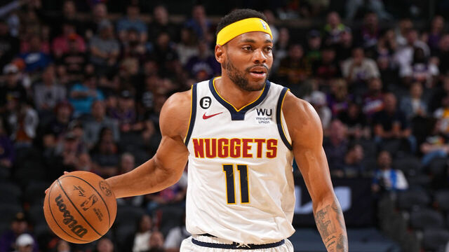 DENVER, CO - APRIL 6: Bruce Brown #11 of the Denver Nuggets moves the ball during the game against the Phoenix Suns on April 6, 2023 at the Ball Arena in Denver, Colorado. NOTE TO USER: User expressly acknowledges and agrees that, by downloading and/or using this Photograph, user is consenting to the terms and conditions of the Getty Images License Agreement. Mandatory Copyright Notice: Copyright 2023 NBAE