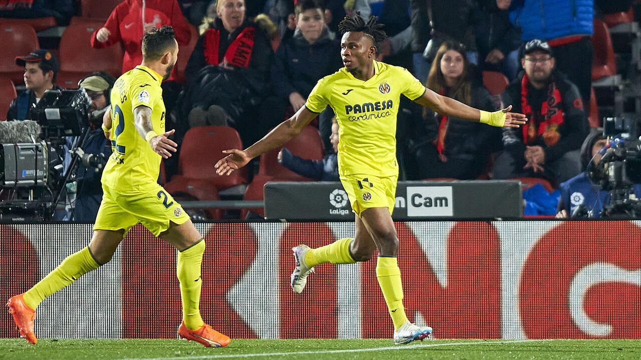 MALLORCA, SPAIN - FEBRUARY 18: Samuel Chukwueze of Villarreal CF celebrates after scoring his team second goal during the LaLiga Santander match between RCD Mallorca and Villarreal CF at Estadi Mallorca Son Moix on February 18, 2023 in Mallorca, Spain.
