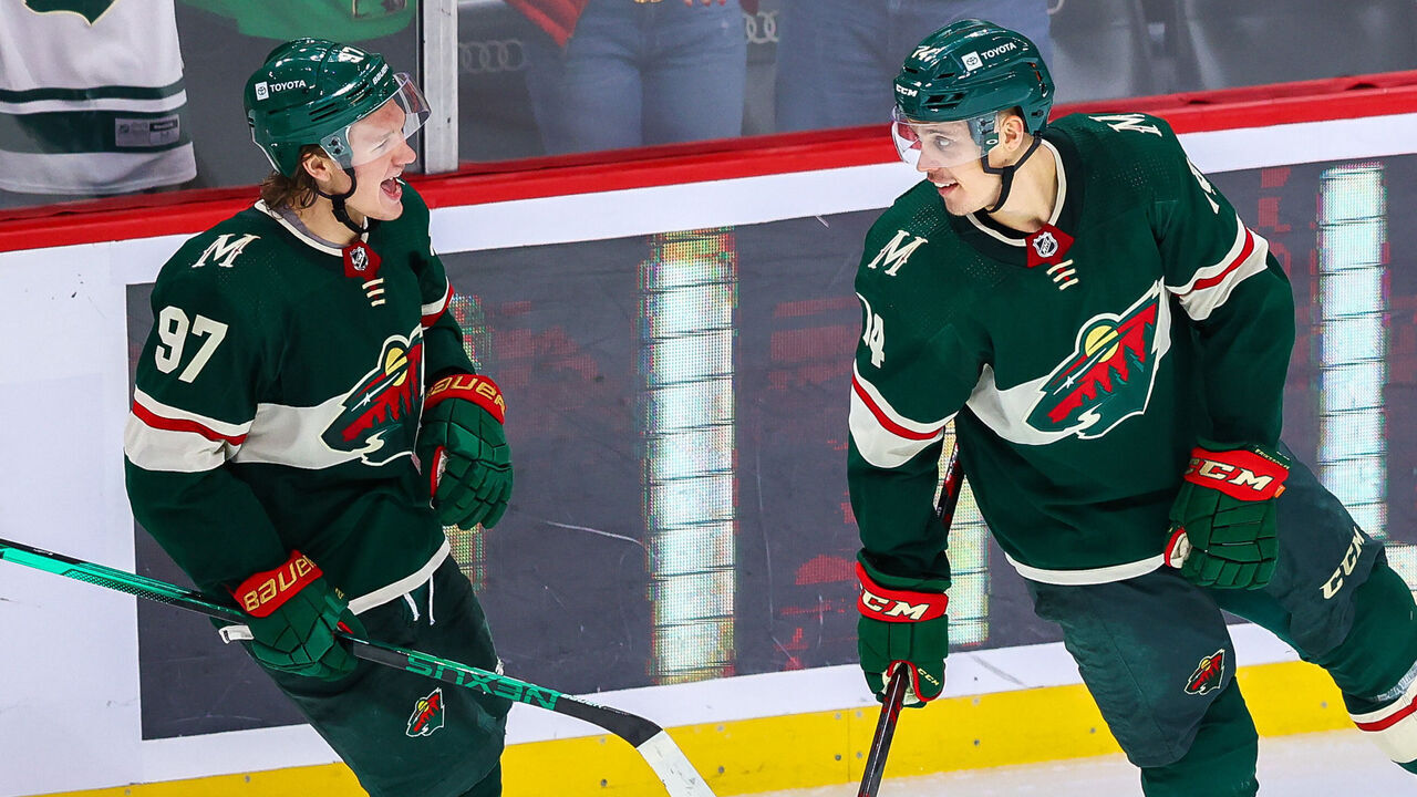 ST PAUL, MN - OCTOBER 19: Kirill Kaprizov #97 and Joel Eriksson Ek #14 of the Minnesota Wild during the game against the Winnipeg Jets at Xcel Energy Center on October 19, 2021 in St Paul, Minnesota.