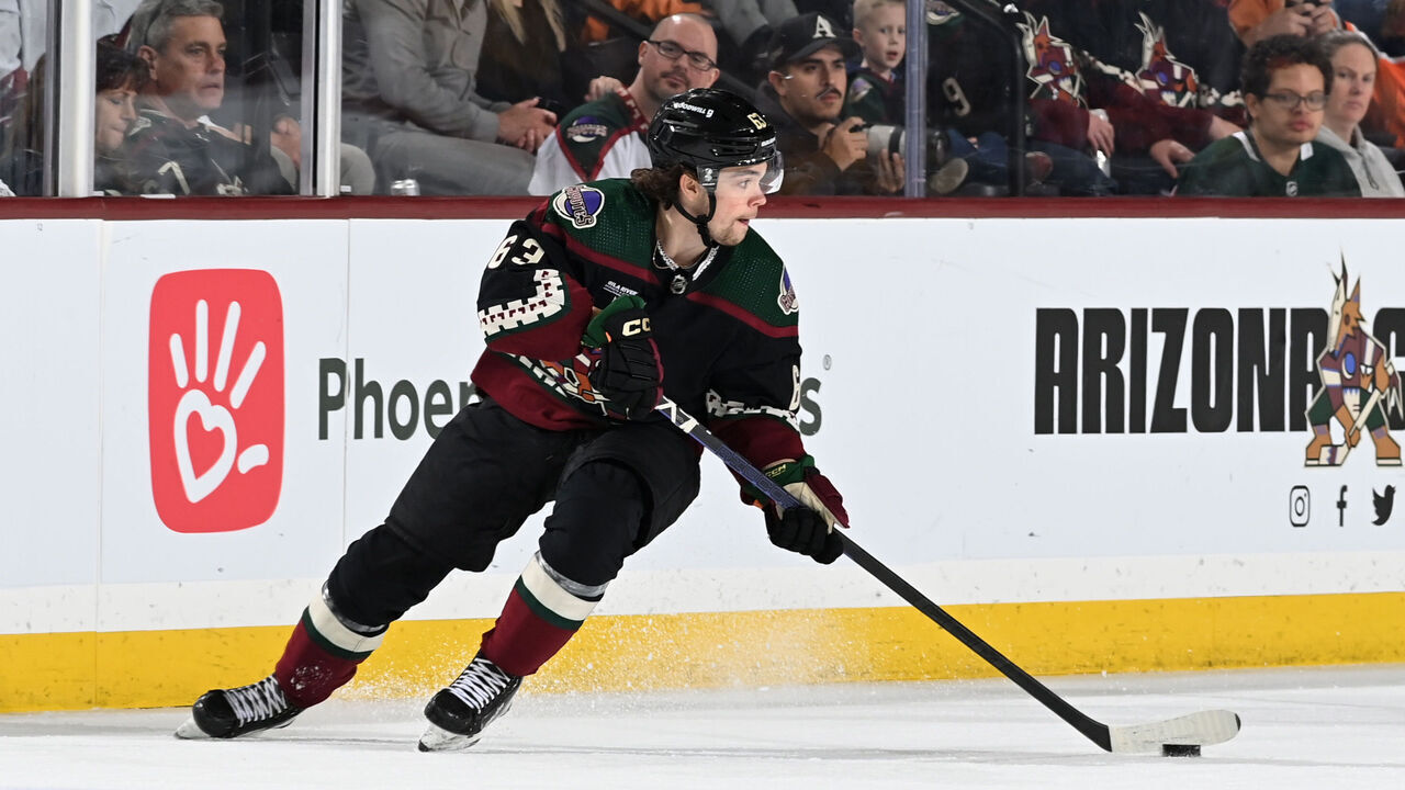 TEMPE, ARIZONA - MARCH 27: Matias Maccelli #63 of the Arizona Coyotes skates with the puck against the Edmonton Oilers at Mullett Arena on March 27, 2023 in Tempe, Arizona.
