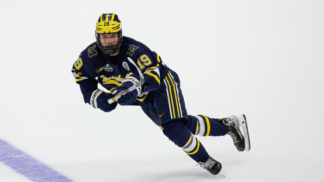 TAMPA, FL - APRIL 6: Adam Fantilli #19 of the Michigan Wolverines skates against the Quinnipiac Bobcats during game two of the 2023 NCAA Division I Men's Hockey Frozen Four Championship Semifinal at the Amaile Arena on April 6, 2023 in Tampa, Florida. The Bobcats won 6-2.