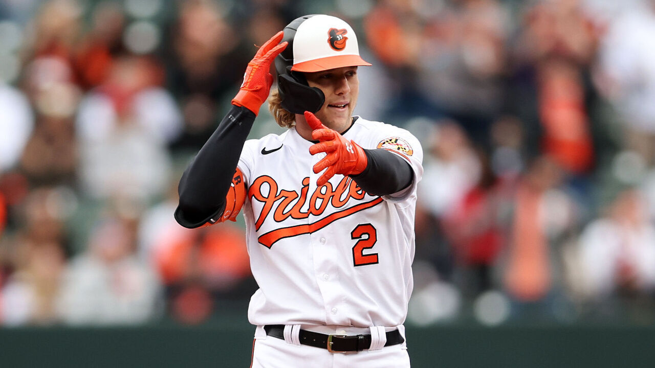 BALTIMORE, PA - APRIL 07: Gunnar Henderson #2 of the Baltimore Orioles reacts after hitting an RBI double in the third inning during the game between the New York Yankees and the Baltimore Orioles at Oriole Park at Camden Yards on Friday, April 7, 2023 in Baltimore, Pennsylvania.