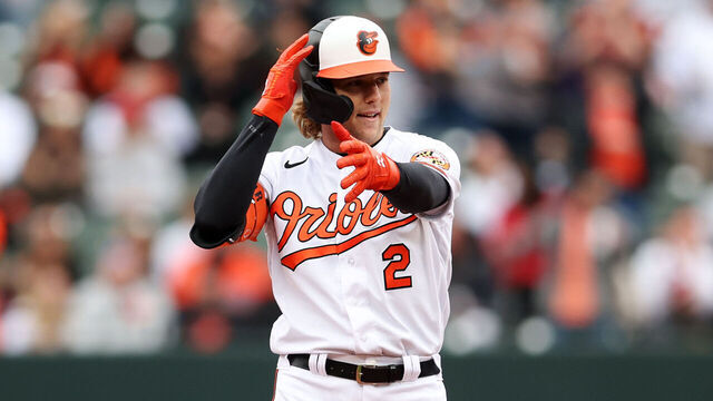 BALTIMORE, PA - APRIL 07: Gunnar Henderson #2 of the Baltimore Orioles reacts after hitting an RBI double in the third inning during the game between the New York Yankees and the Baltimore Orioles at Oriole Park at Camden Yards on Friday, April 7, 2023 in Baltimore, Pennsylvania.