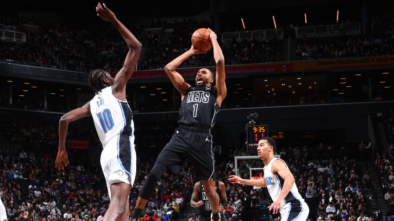 BROOKLYN, NY - APRIL 7: Mikal Bridges #1 of the Brooklyn Nets shoots the ball during the game against the Orlando Magic on April 7, 2023 at Barclays Center in Brooklyn, New York. Mandatory Copyright Notice: Copyright 2023 NBAE