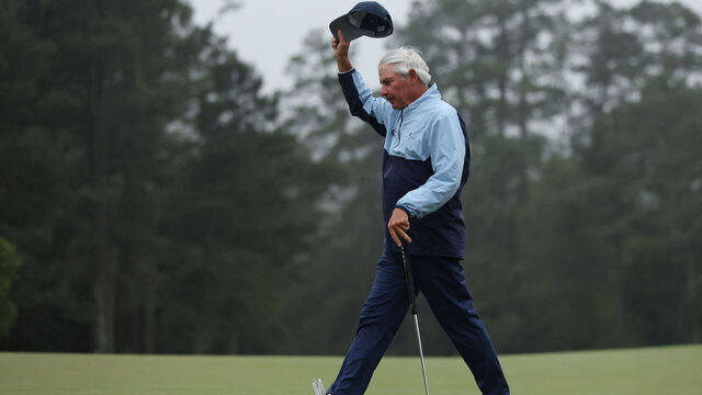 AUGUSTA, GEORGIA - APRIL 08: Fred Couples of the United States acknowledges the patrons on the 18th green during the continuation of the weather delayed second round of the 2023 Masters Tournament at Augusta National Golf Club on April 08, 2023 in Augusta, Georgia.