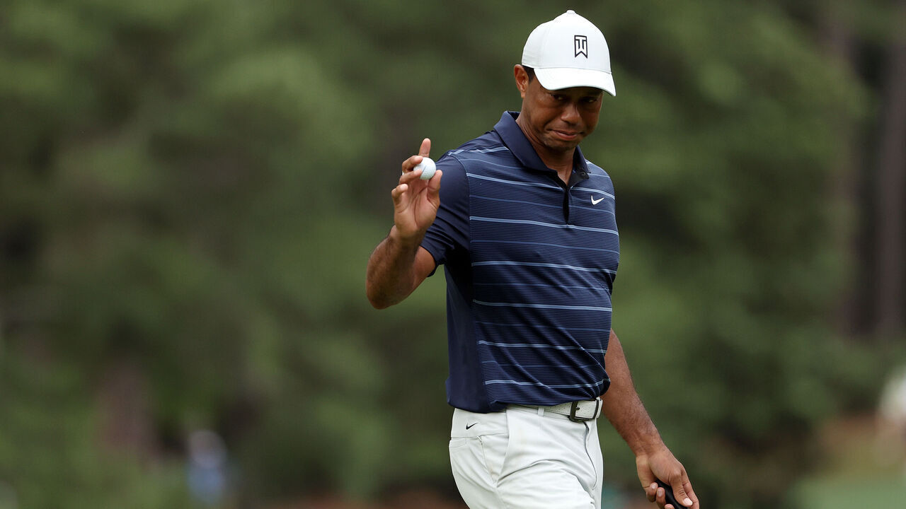 AUGUSTA, GEORGIA - APRIL 07: Tiger Woods of the United States reacts on the tenth green during the second round of the 2023 Masters Tournament at Augusta National Golf Club on April 07, 2023 in Augusta, Georgia.