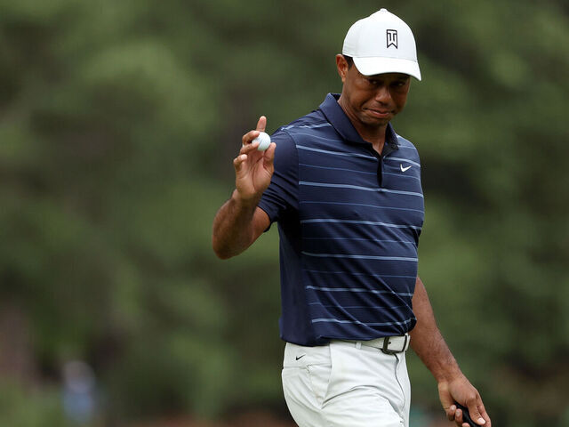 AUGUSTA, GEORGIA - APRIL 07: Tiger Woods of the United States reacts on the tenth green during the second round of the 2023 Masters Tournament at Augusta National Golf Club on April 07, 2023 in Augusta, Georgia.