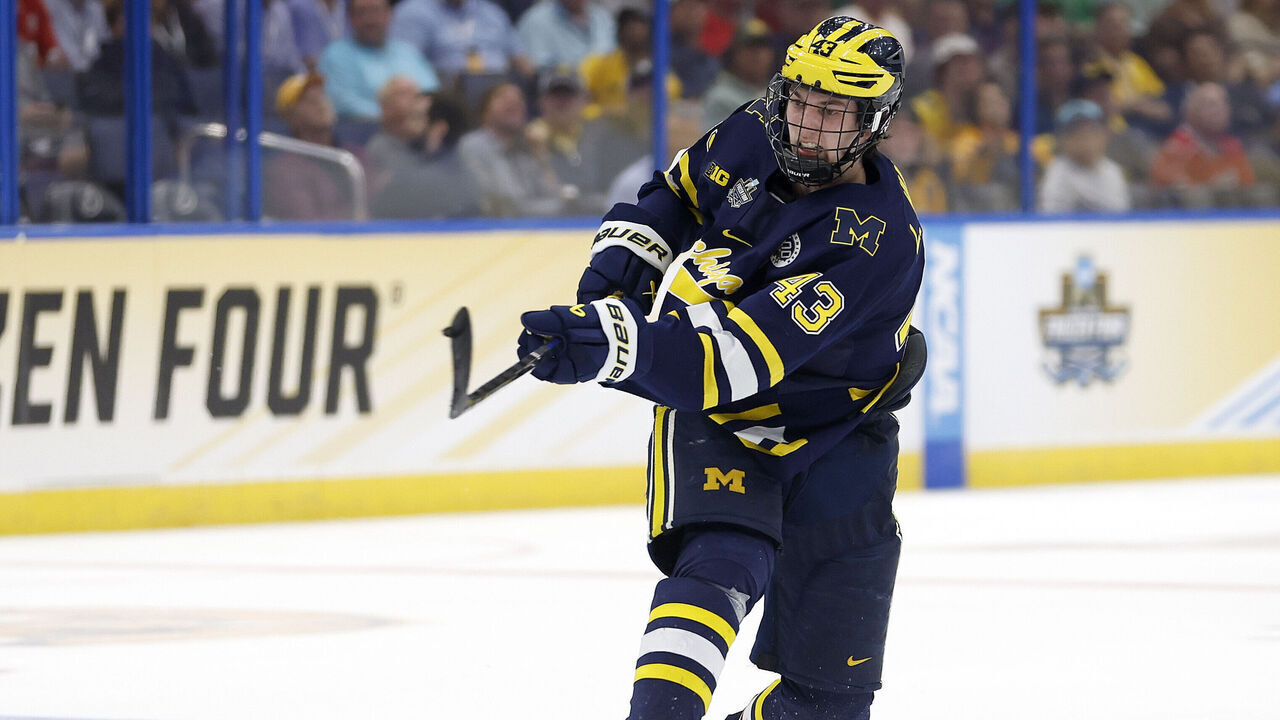 TAMPA, FLORIDA - APRIL 06: Luke Hughes #43 of the Michigan Wolverines shoots in the third period during a semifinal of the 2023 Frozen Four against the Quinnipiac Bobcats at Amalie Arena on April 06, 2023 in Tampa, Florida.