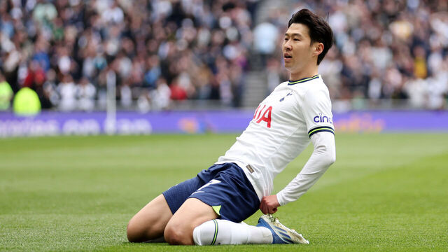 LONDON, ENGLAND - APRIL 08: Son Heung-Min of Tottenham Hotspur celebrates after scoring the team's first goal during the Premier League match between Tottenham Hotspur and Brighton & Hove Albion at Tottenham Hotspur Stadium on April 08, 2023 in London, England.