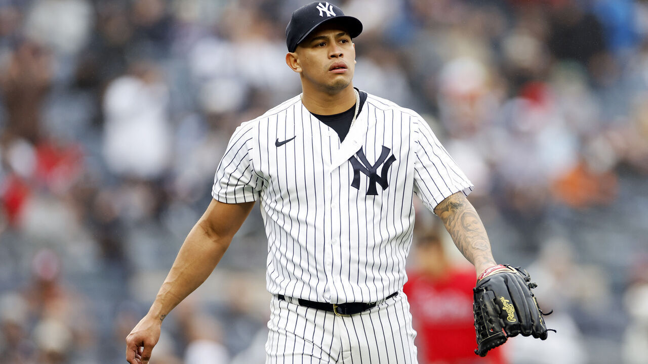 NEW YORK, NEW YORK - APRIL 05: Jonathan Loaisiga #43 of the New York Yankees looks on during the seventh inning against the Philadelphia Phillies at Yankee Stadium on April 05, 2023 in the Bronx borough of New York City.