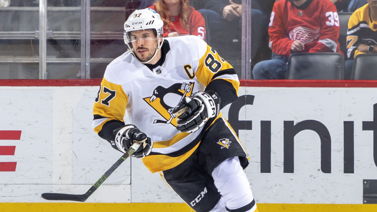 DETROIT, MI - APRIL 08: Sidney Crosby #87 of the Pittsburgh Penguins turns up ice against the Detroit Red Wings during the first period of an NHL game at Little Caesars Arena on April 8, 2023 in Detroit, Michigan.