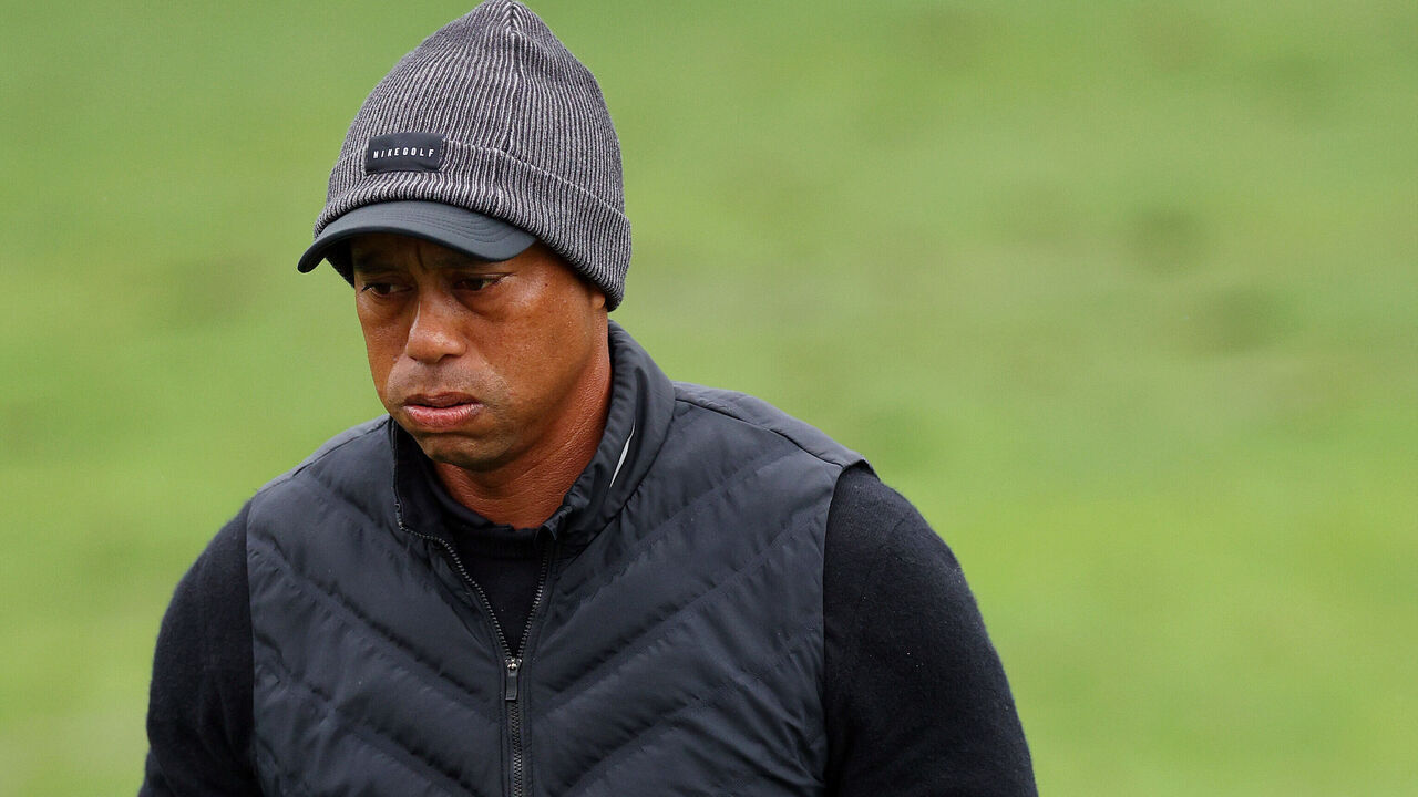 AUGUSTA, GEORGIA - APRIL 08: Tiger Woods of the United States looks on from the practice area during the third round of the 2023 Masters Tournament at Augusta National Golf Club on April 08, 2023 in Augusta, Georgia.