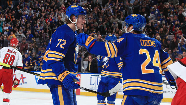 BUFFALO, NY - APRIL 8: Tage Thompson #72 of the Buffalo Sabres celebrates his third period goal against the Carolina Hurricanes with Dylan Cozens #24 during an NHL game on April 8, 2023 at KeyBank Center in Buffalo, New York.