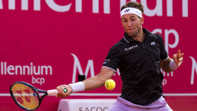 Casper Ruud from Norway competes against Quentin Halys from France during the Millennium Estoril Open ATP 250 tennis tournament at Estoril Tennis Club, Estoril, Portugal on April 8, 2023.