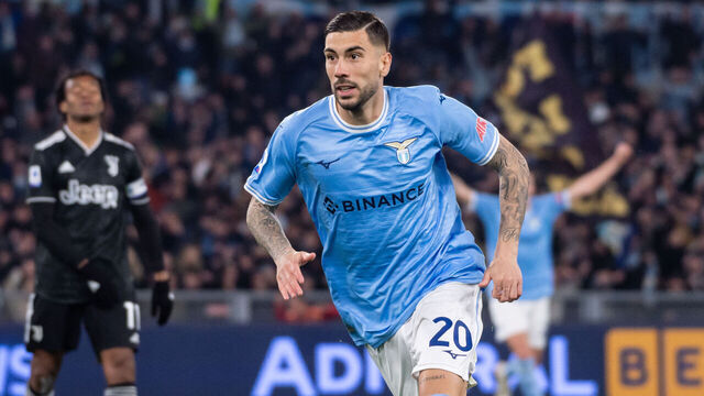 ROME, ITALY - APRIL 08: Mattia Zaccagni of SS Lazio celebrates after scoring a goal to make it 2-1 during the Serie A match between SS Lazio and Juventus at Stadio Olimpico on April 08, 2023 in Rome, Italy.
