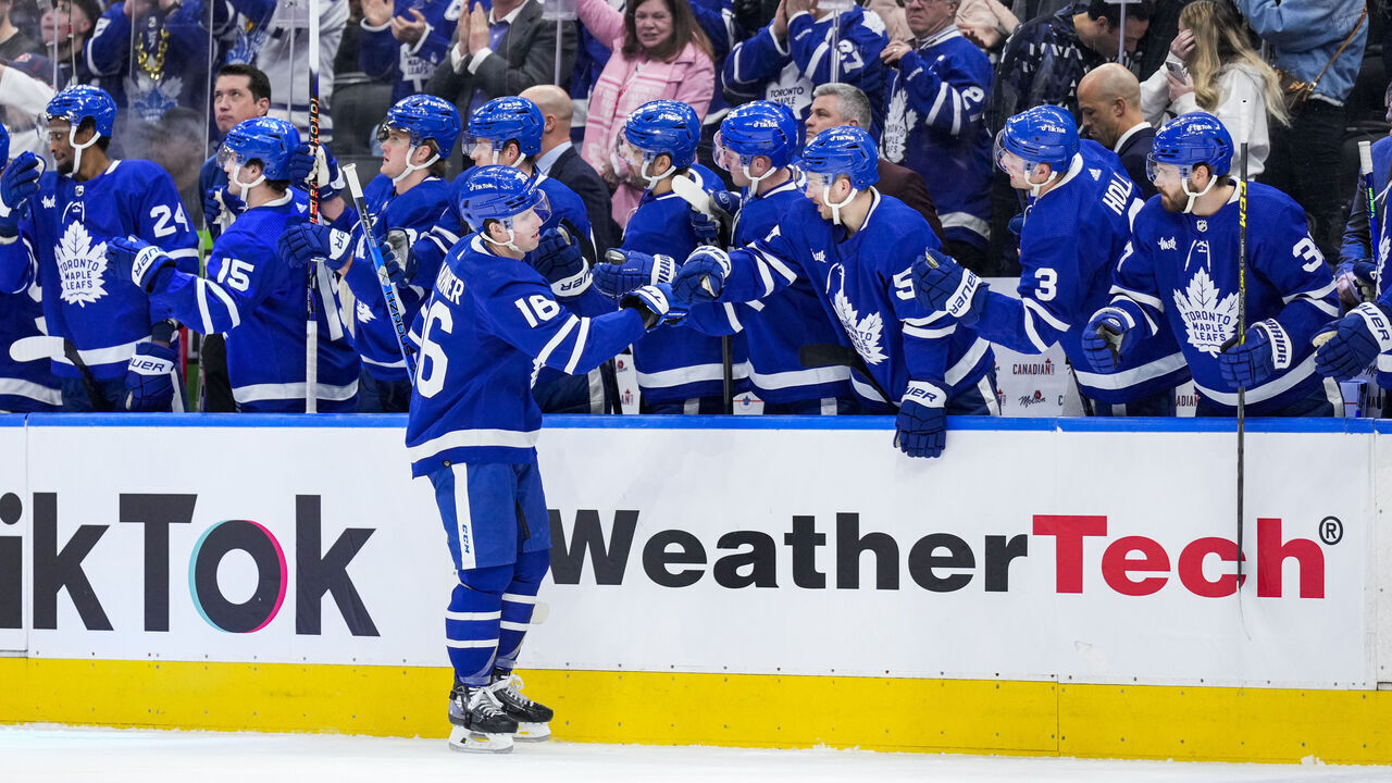 TORONTO, ON - APRIL 8: Mitchell Marner #16 of the Toronto Maple Leafs celebrates his goal against the Montreal Canadiens during the first period at the Scotiabank Arena on April 8, 2023 in Toronto, Ontario, Canada.