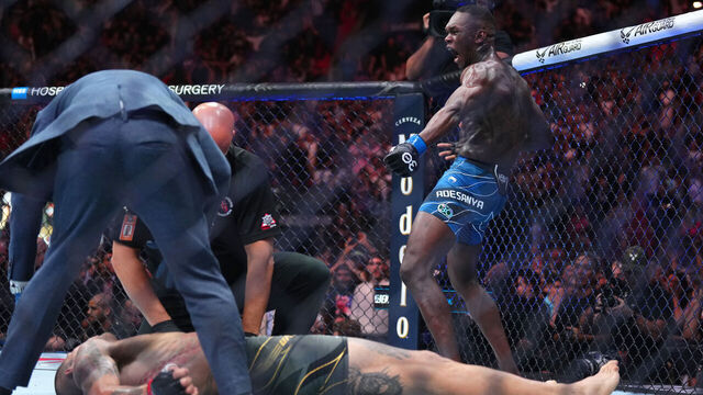 MIAMI, FLORIDA - APRIL 08: Israel Adesanya of Nigeria reacts after knocking out Alex Pereira of Brazil in the UFC middleweight championship fight during the UFC 287 event at Kaseya Center on April 08, 2023 in Miami, Florida.
