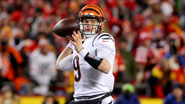 KANSAS CITY, MISSOURI - JANUARY 29: Joe Burrow #9 of the Cincinnati Bengals throws a pass against the Kansas City Chiefs during the second quarter in the AFC Championship Game at GEHA Field at Arrowhead Stadium on January 29, 2023 in Kansas City, Missouri.