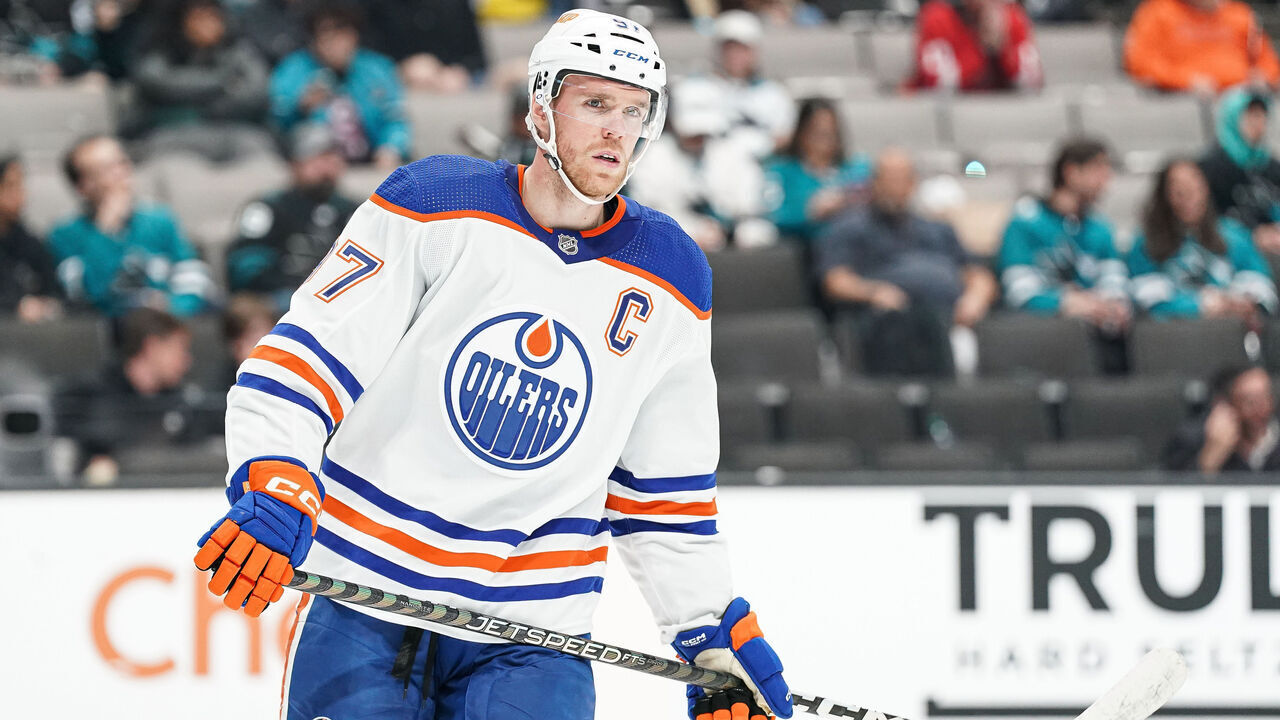 SAN JOSE, CA - APRIL 8: Connor McDavid #97 of the Edmonton Oilers skates between plays in the third period against the San Jose Sharks at SAP Center on April 8, 2023 in San Jose, California.