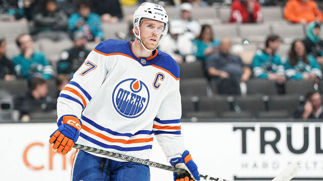 SAN JOSE, CA - APRIL 8: Connor McDavid #97 of the Edmonton Oilers skates between plays in the third period against the San Jose Sharks at SAP Center on April 8, 2023 in San Jose, California.