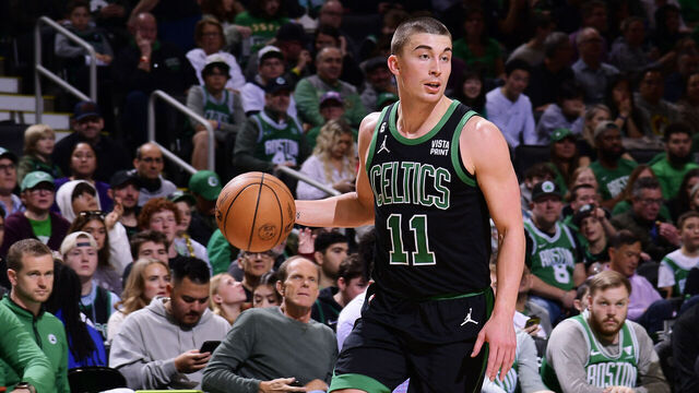 BOSTON, MA - APRIL 9: Payton Pritchard #11 of the Boston Celtics dribbles the ball during the game against the Atlanta Hawks on April 9, 2023 at the TD Garden in Boston, Massachusetts. Mandatory Copyright Notice: Copyright 2023 NBAE