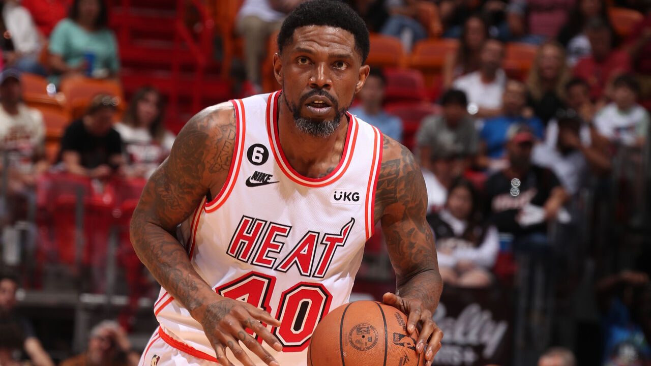 MIAMI, FL - APRIL 9: Udonis Haslem #40 of the Miami Heat goes to the basket during the game on April 9, 2023 at FTX Arena in Miami, Florida. Mandatory Copyright Notice: Copyright 2023 NBAE