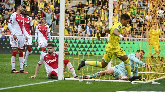 Nantes' French midfielder Ludovic Blas scores a goal during the French L1 football match between FC Nantes and AS Monaco FC at the Stade de la BeaujoireLouis Fonteneau in Nantes, western France on April 9, 2023.