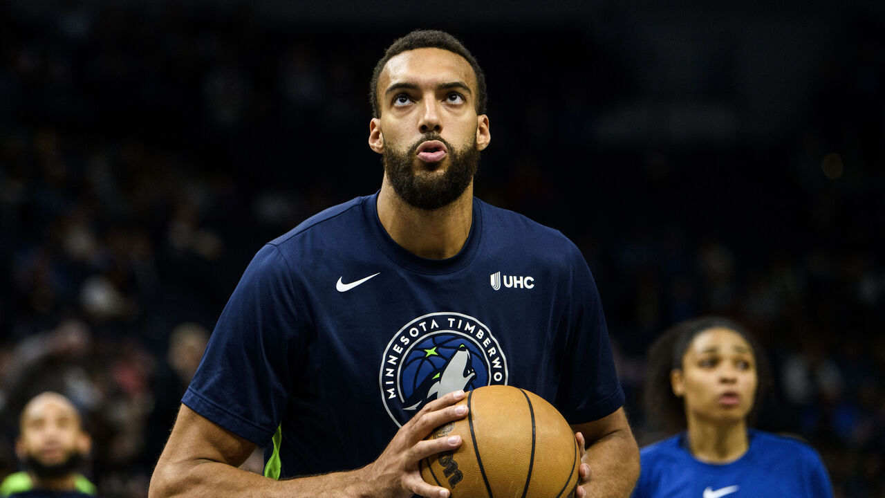 MINNEAPOLIS, MN - APRIL 09: Rudy Gobert #27 of the Minnesota Timberwolves warms up before the game against the New Orleans Pelicans at Target Center on April 9, 2023 in Minneapolis, Minnesota.