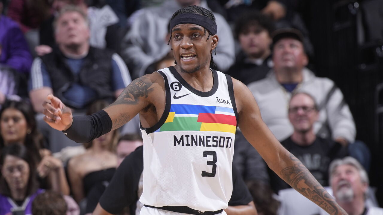 SACRAMENTO, CA - MARCH 27: Jaden McDaniels #3 of the Minnesota Timberwolves looks on during the game against the Sacramento Kings on March 27, 2023 at Golden 1 Center in Sacramento, California. NOTE TO USER: User expressly acknowledges and agrees that, by downloading and or using this photograph, User is consenting to the terms and conditions of the Getty Images Agreement. Mandatory Copyright Notice: Copyright 2023 NBAE