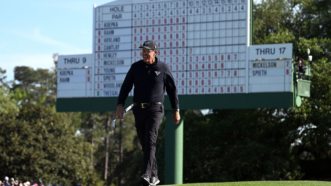 AUGUSTA, GEORGIA - APRIL 09: Phil Mickelson of the United States reacts on the 18th green during the final round of the 2023 Masters Tournament at Augusta National Golf Club on April 09, 2023 in Augusta, Georgia.