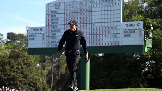 AUGUSTA, GEORGIA - APRIL 09: Phil Mickelson of the United States reacts on the 18th green during the final round of the 2023 Masters Tournament at Augusta National Golf Club on April 09, 2023 in Augusta, Georgia.