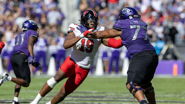 FORT WORTH, TX - NOVEMBER 05: Texas Tech Red Raiders linebacker Tyree Wilson (#19) runs up field during the college football game between the Texas Tech Red Raiders and TCU Horned Frogs on November 05, 2022 at Amon G. Carter Stadium in Fort Worth, TX.