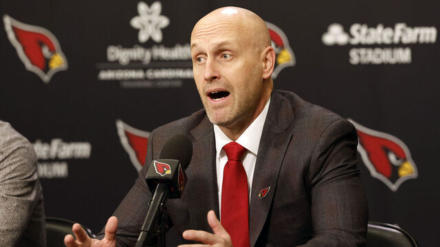 TEMPE, ARIZONA - FEBRUARY 16: General manager Monti Ossenfort of the Arizona Cardinals answers a question from the media during a press conference introducing new head coach Jonathan Gannon at Dignity Health Arizona Cardinals Training Center on February 16, 2023 in Tempe, Arizona.