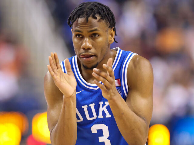 GREENSBORO, NC - MARCH 11: Jeremy Roach (3) of the Duke Blue Devils reacts after making a basket during the ACC Championship against the Virginia Cavaliers on March 11, 2023 at Greensboro Coliseum in Greensboro, NC.