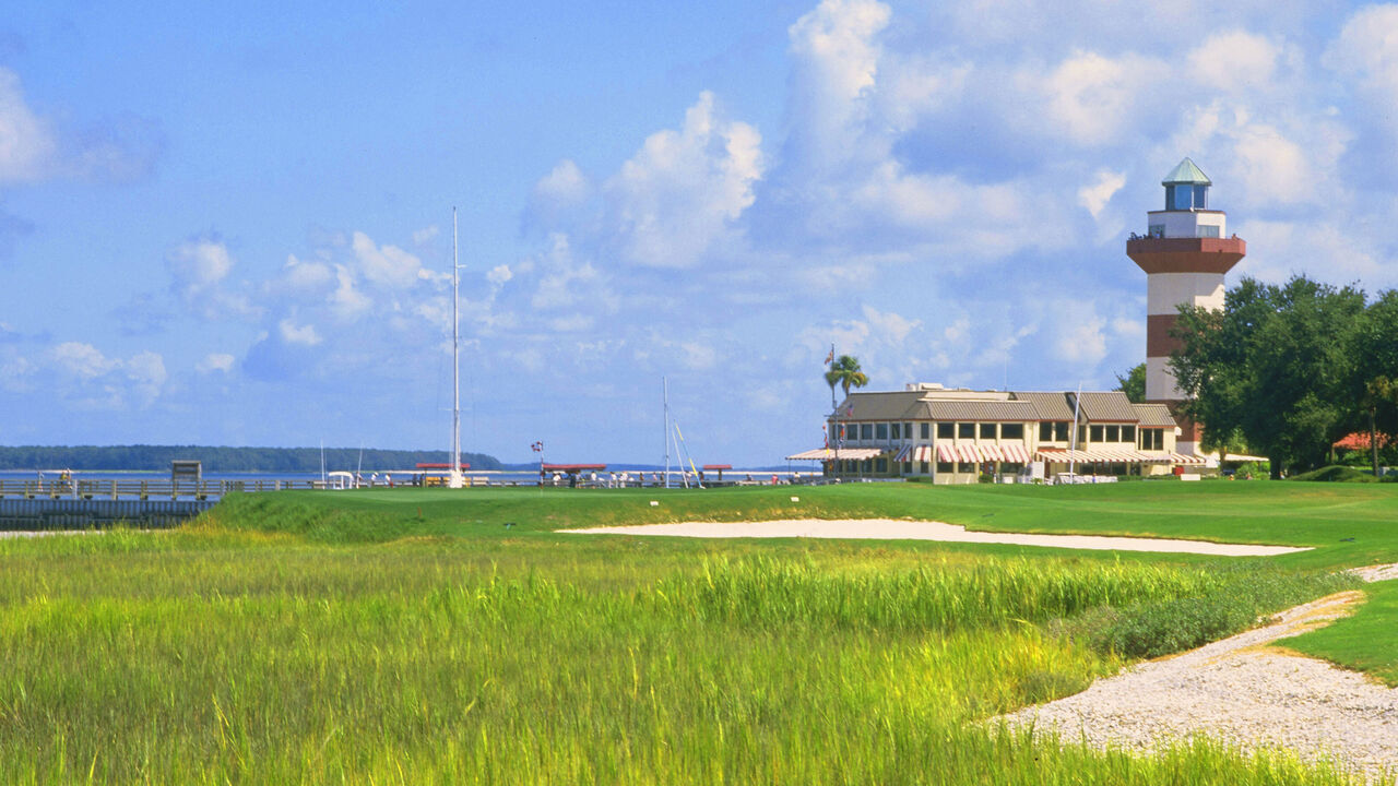 View from 18th tee, Harbour Town, Hilton Head, USA The home of the RBC Heritage Tournament Shot by Peter Dazeley USA, April 2018
