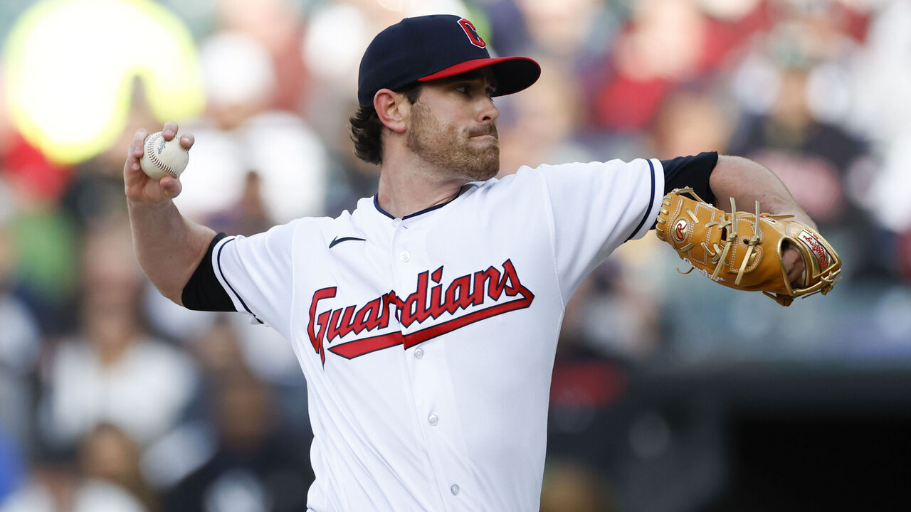 CLEVELAND, OH - APRIL 10: Shane Bieber #57 of the Cleveland Guardians pitches against the New York Yankees during the first inning at Progressive Field on April 10, 2023 in Cleveland, Ohio.
