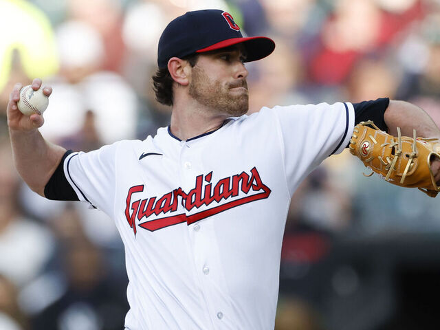 CLEVELAND, OH - APRIL 10: Shane Bieber #57 of the Cleveland Guardians pitches against the New York Yankees during the first inning at Progressive Field on April 10, 2023 in Cleveland, Ohio.