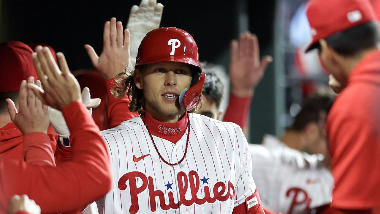 PHILADELPHIA, PENNSYLVANIA - APRIL 10: Alec Bohm #28 of the Philadelphia Phillies reacts after hitting a three run home run during the sixth inning against the Miami Marlins at Citizens Bank Park on April 10, 2023 in Philadelphia, Pennsylvania.