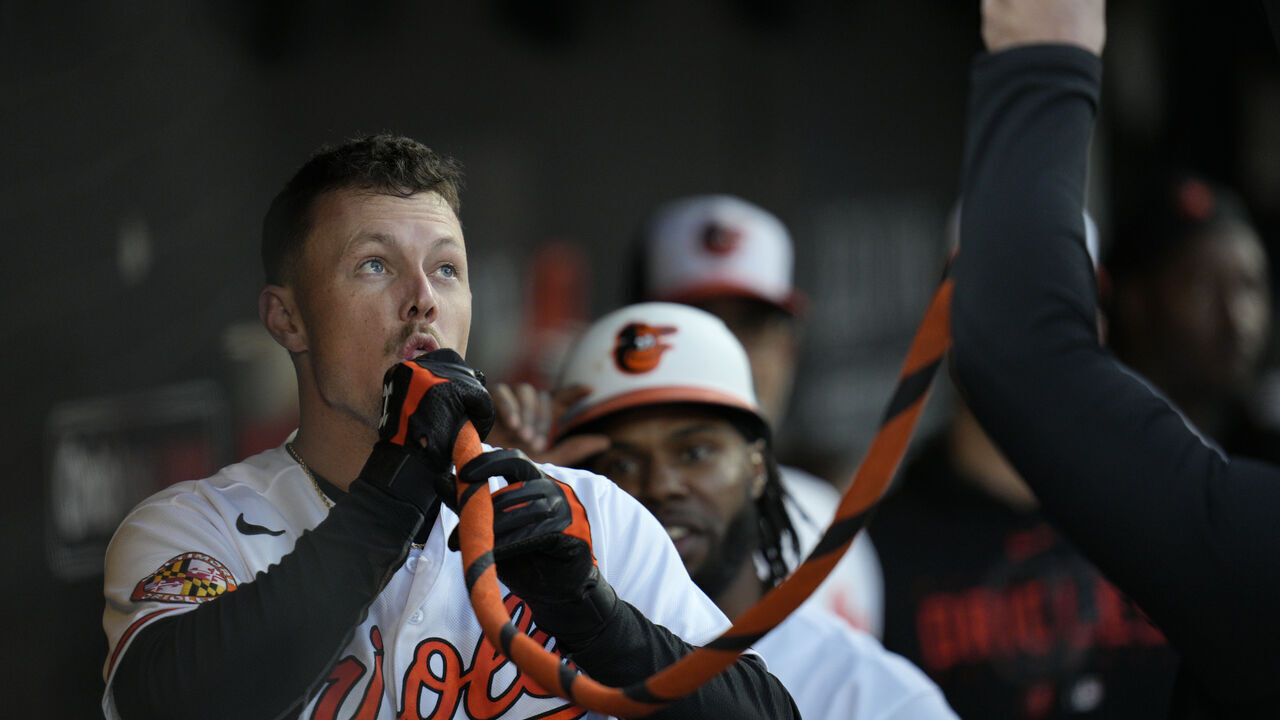 BALTIMORE, MARYLAND - APRIL 10: Ryan Mountcastle #6 of the Baltimore Orioles celebrates in the dugout after hitting a home run against the Oakland Athletics in the first inning at Oriole Park at Camden Yards on April 10, 2023 in Baltimore, Maryland.