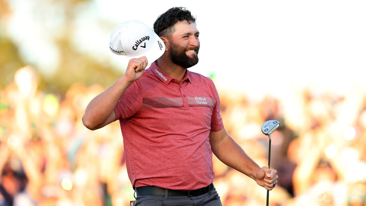 AUGUSTA, GEORGIA - APRIL 09: Jon Rahm of Spain celebrates on the 18th green after winning the 2023 Masters Tournament at Augusta National Golf Club on April 09, 2023 in Augusta, Georgia.