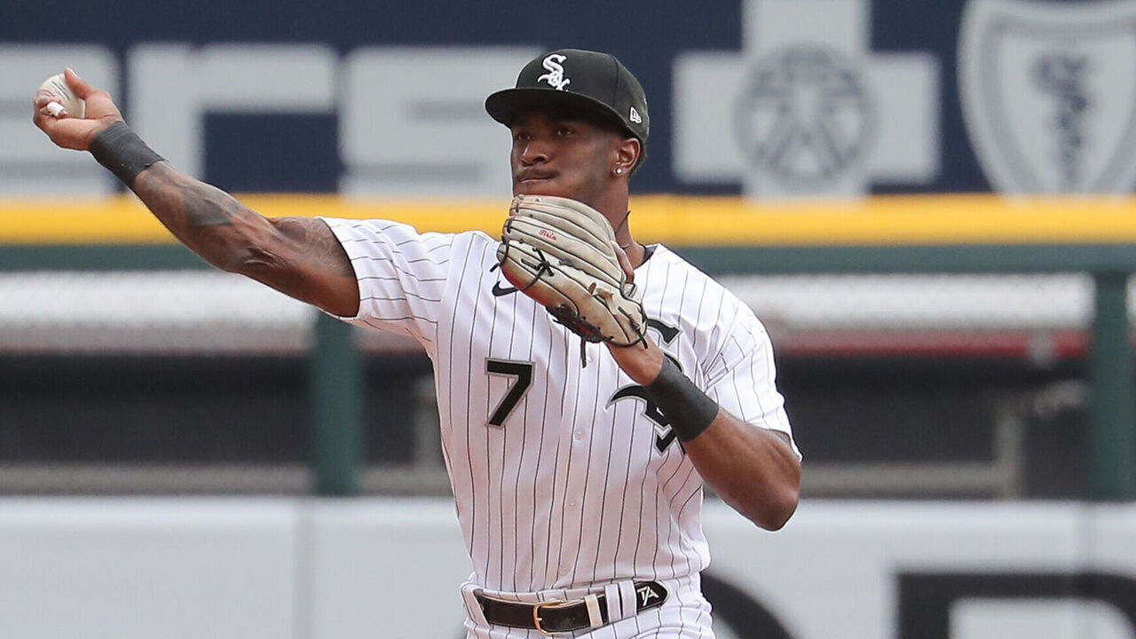 CHICAGO, IL - APRIL 05: Chicago White Sox shortstop Tim Anderson (7) throws the ball to first base for an out during a Major League Baseball game between the San Francisco Giants and the Chicago White Sox on April 5, 2023 at Guaranteed Rate Field in Chicago, IL.
