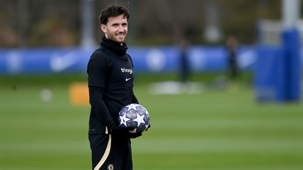 COBHAM, ENGLAND - APRIL 11: Ben Chilwell of Chelsea during a training session at Chelsea Training Ground on April 11, 2023 in Cobham, England.