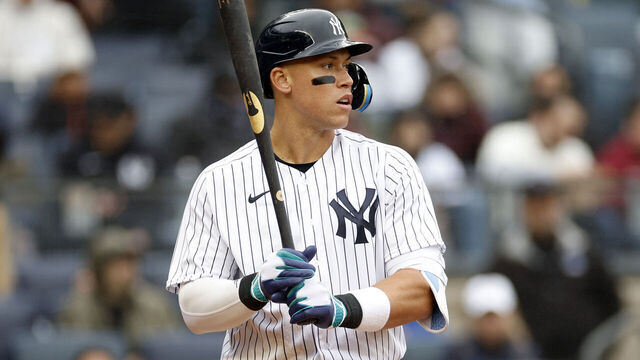 NEW YORK, NEW YORK - APRIL 05: Aaron Judge #99 of the New York Yankees in the batter's box during the third inning against the Philadelphia Phillies at Yankee Stadium on April 05, 2023 in the Bronx borough of New York City.