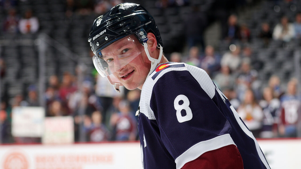 DENVER, COLORADO - APRIL 01: Cale Makar #8 of the Colorado Avalanche skates prior to the game against the Dallas Stars at Ball Arena on April 1, 2023 in Denver, Colorado.