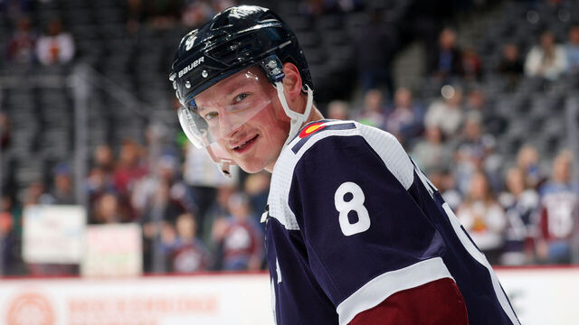 DENVER, COLORADO - APRIL 01: Cale Makar #8 of the Colorado Avalanche skates prior to the game against the Dallas Stars at Ball Arena on April 1, 2023 in Denver, Colorado.