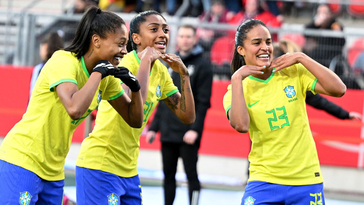 NUREMBERG, GERMANY - APRIL 11: Ary Borges of Brazil celebrates after scoring his team's second goal with teammates during the Women's international friendly between Germany and Brazil at Max-Morlock-Stadion on April 11, 2023 in Nuremberg, Germany.