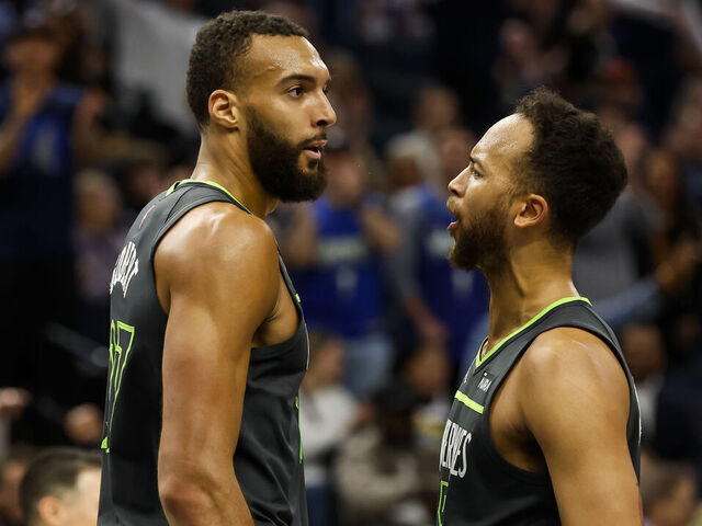 MINNEAPOLIS, MN - MARCH 10: Kyle Anderson #5 celebrates a dunk by Rudy Gobert #27 of the Minnesota Timberwolves against the Brooklyn Nets in the fourth quarter of the game at Target Center on March 10, 2023 in Minneapolis, Minnesota. The Nets defeated the Timberwolves 124-123 in overtime.